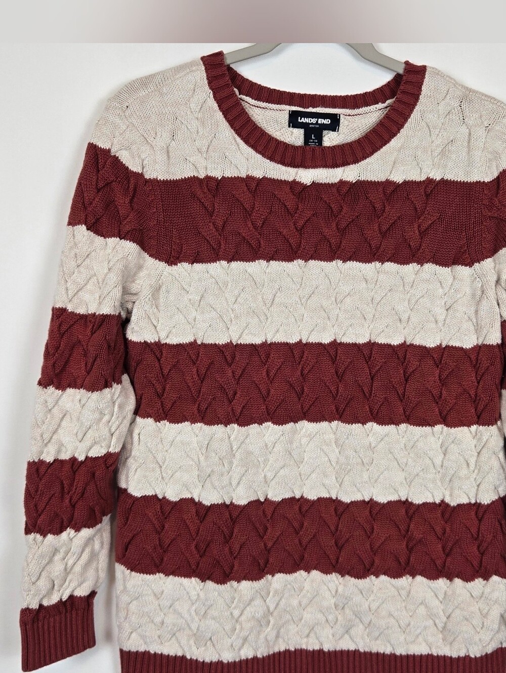 Lands' End Women's Rust and Cream Cable‑Knit Stripe Sweater